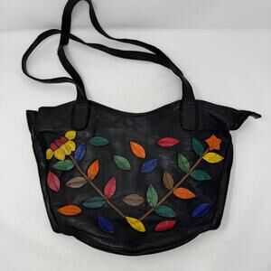 Belleza Mandova Black Leather Shoulder Bag Multicolor Leaf‎ Appliqué